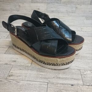 Vince Camuto Marietten Black Leather Cross Strap Platform Espadrilles 6.5
